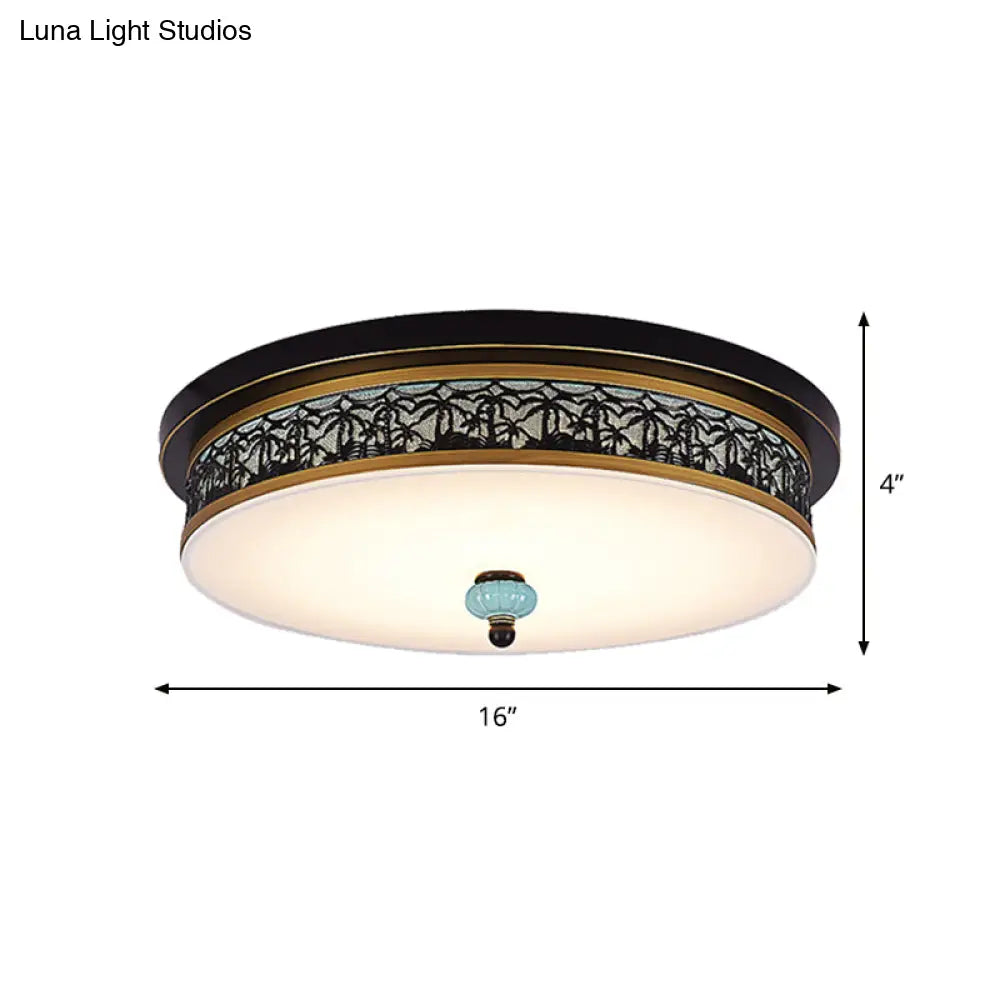 16’ - 19.5’ W Led Flush Mount Ceiling Light Fixture | Black - Gold Opal Glass Drum Dining Hall