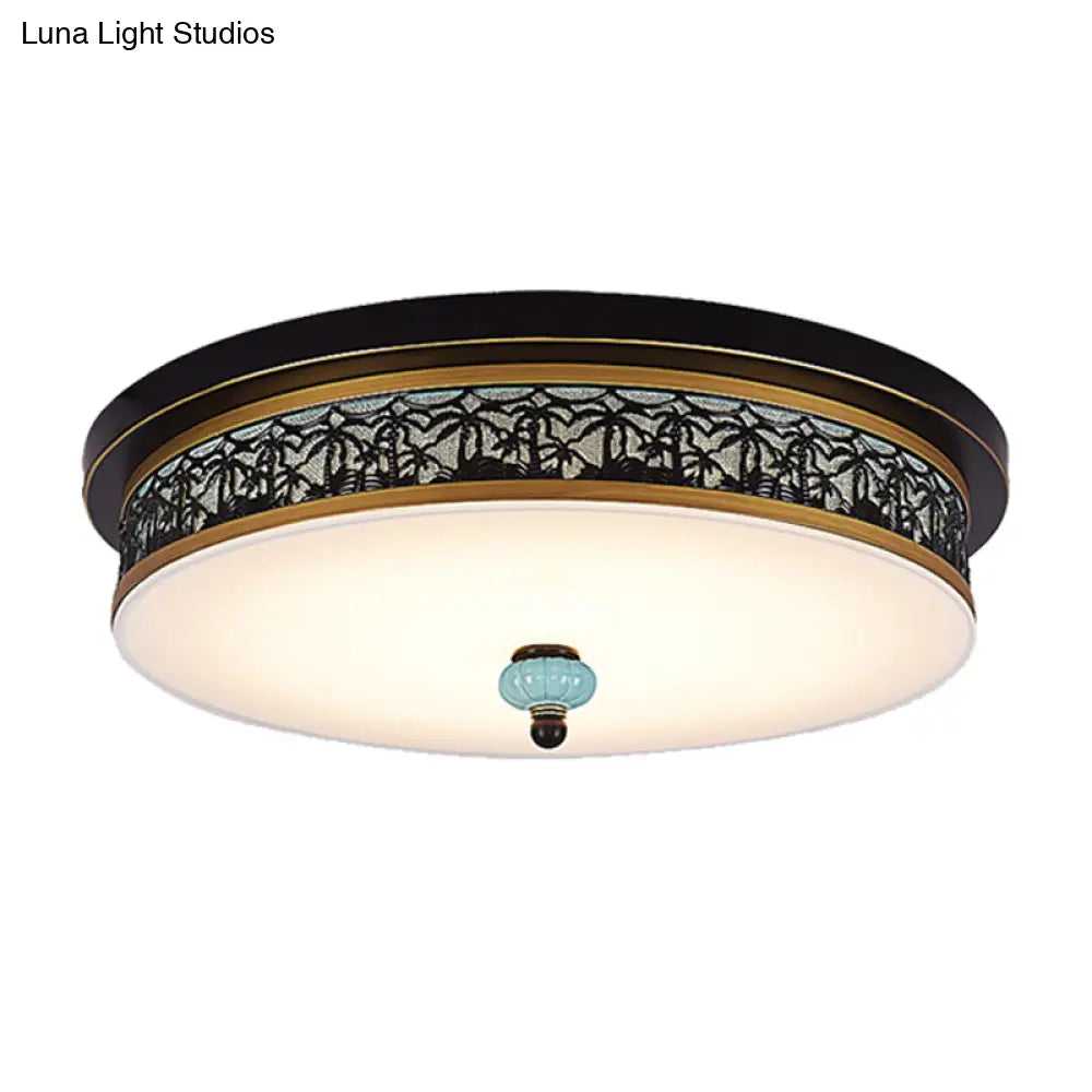 16’ - 19.5’ W Led Flush Mount Ceiling Light Fixture | Black - Gold Opal Glass Drum Dining Hall