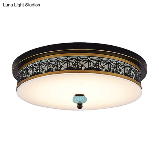 16’ - 19.5’ W Led Flush Mount Ceiling Light Fixture | Black - Gold Opal Glass Drum Dining Hall