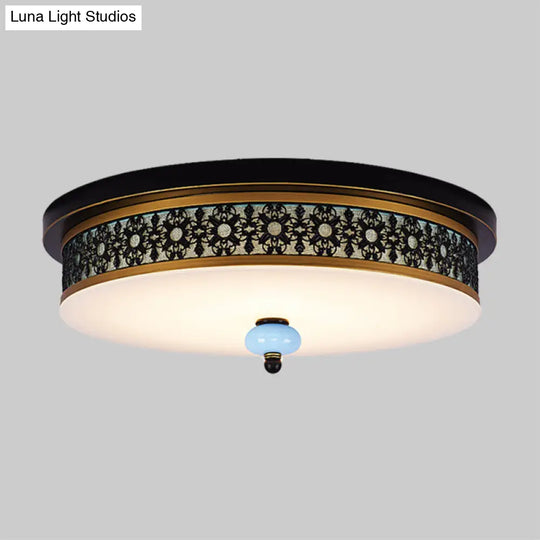 16’ - 19.5’ W Led Flush Mount Ceiling Light Fixture | Black - Gold Opal Glass Drum Dining Hall