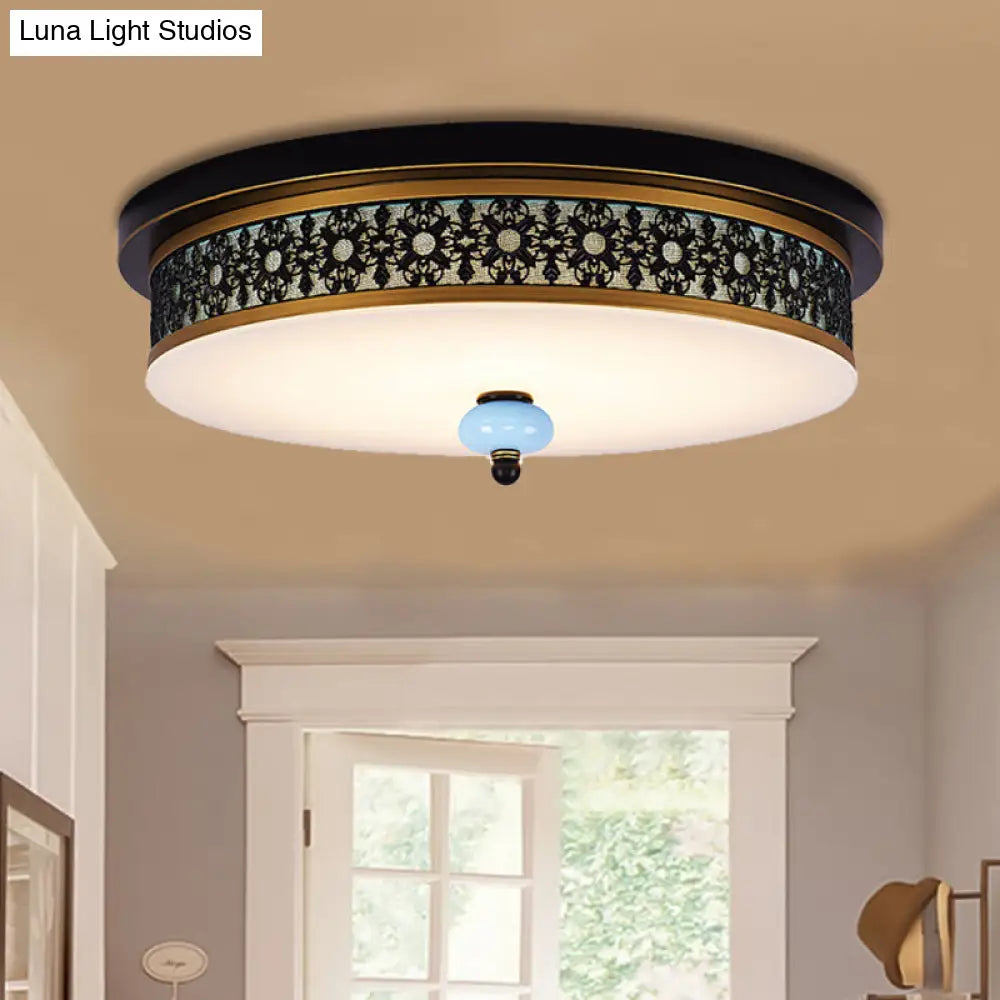 16 - 19.5 W Led Flush Mount Ceiling Light Fixture | Black-Gold Opal Glass Drum Dining Hall / A