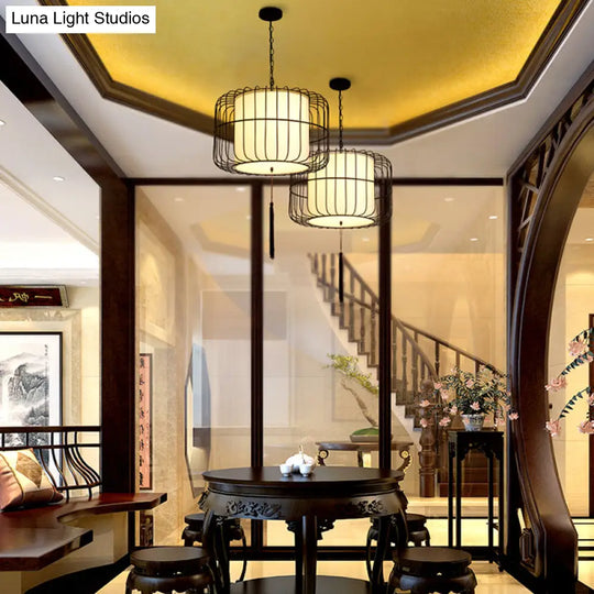 16/19.5 Wide Black Fabric Hanging Pendant Lantern - Traditional Stylish Down Lighting