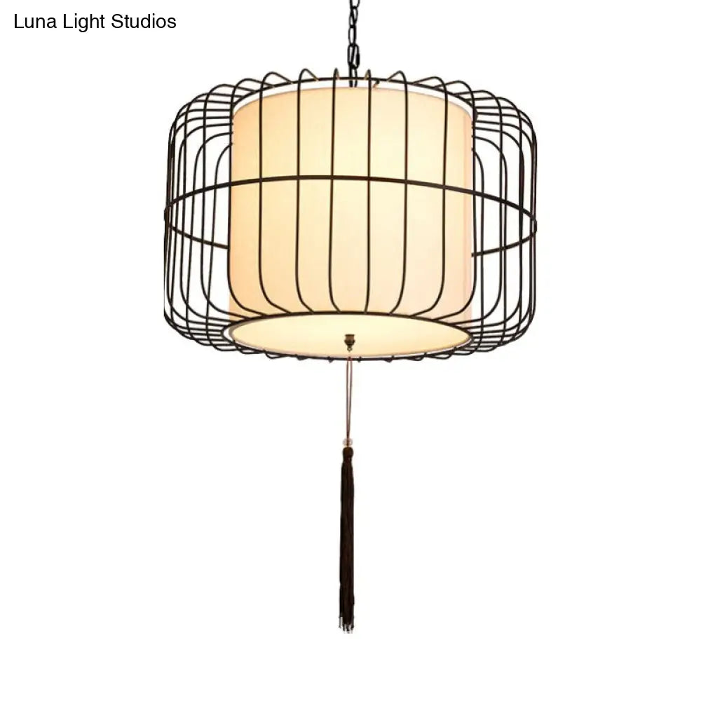 16/19.5 Wide Black Fabric Hanging Pendant Lantern - Traditional Stylish Down Lighting