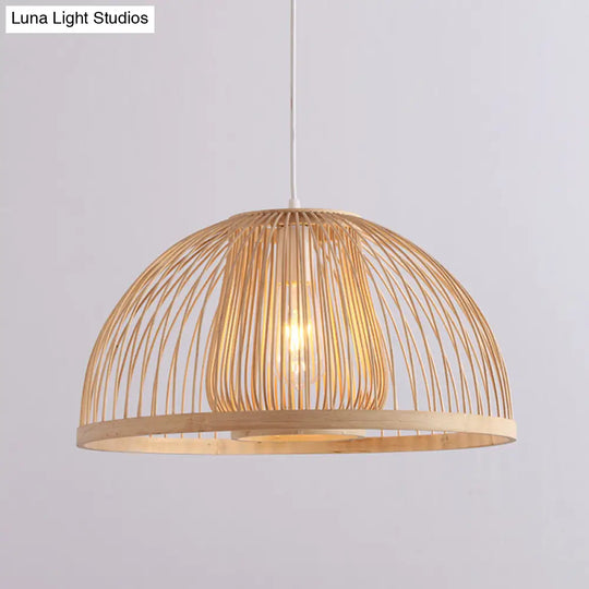 16/19 Modern Bamboo Ceiling Pendant Light - Domed Shape 1-Light Beige Hanging Lamp Kit