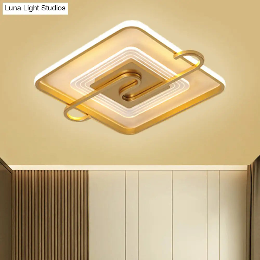 16.5/20.5 Gold Metal Led Square Parlor Flushmount: Contemporary Close To Ceiling Lamp With