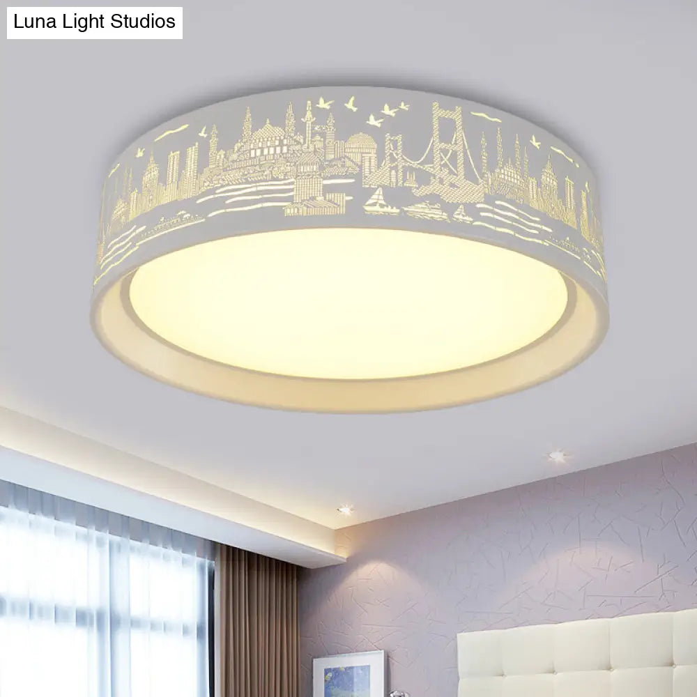 16.5/20.5 Modern White Carved Metal Drum Flush Lamp With Metropolis Scene - Led Ceiling Light