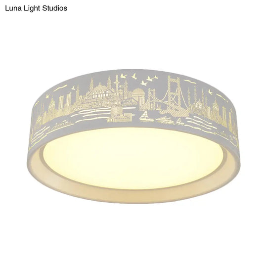 16.5’/20.5’ Modern White Carved Metal Drum Flush Lamp With Metropolis Scene - Led Ceiling Light