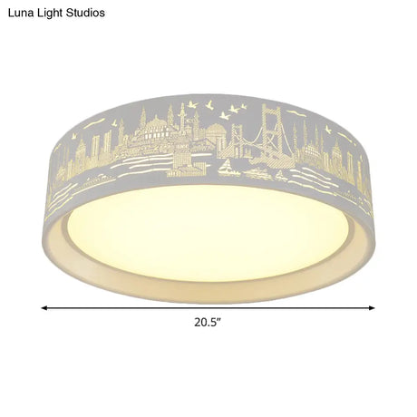 16.5’/20.5’ Modern White Carved Metal Drum Flush Lamp With Metropolis Scene - Led Ceiling Light