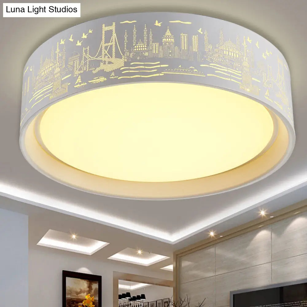 16.5/20.5 Modern White Carved Metal Drum Flush Lamp With Metropolis Scene - Led Ceiling Light