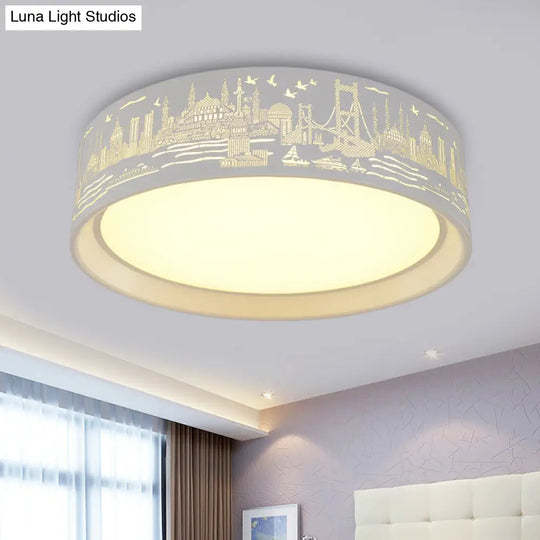 16.5’/20.5’ Modern White Carved Metal Drum Flush Lamp With Metropolis Scene - Led Ceiling Light