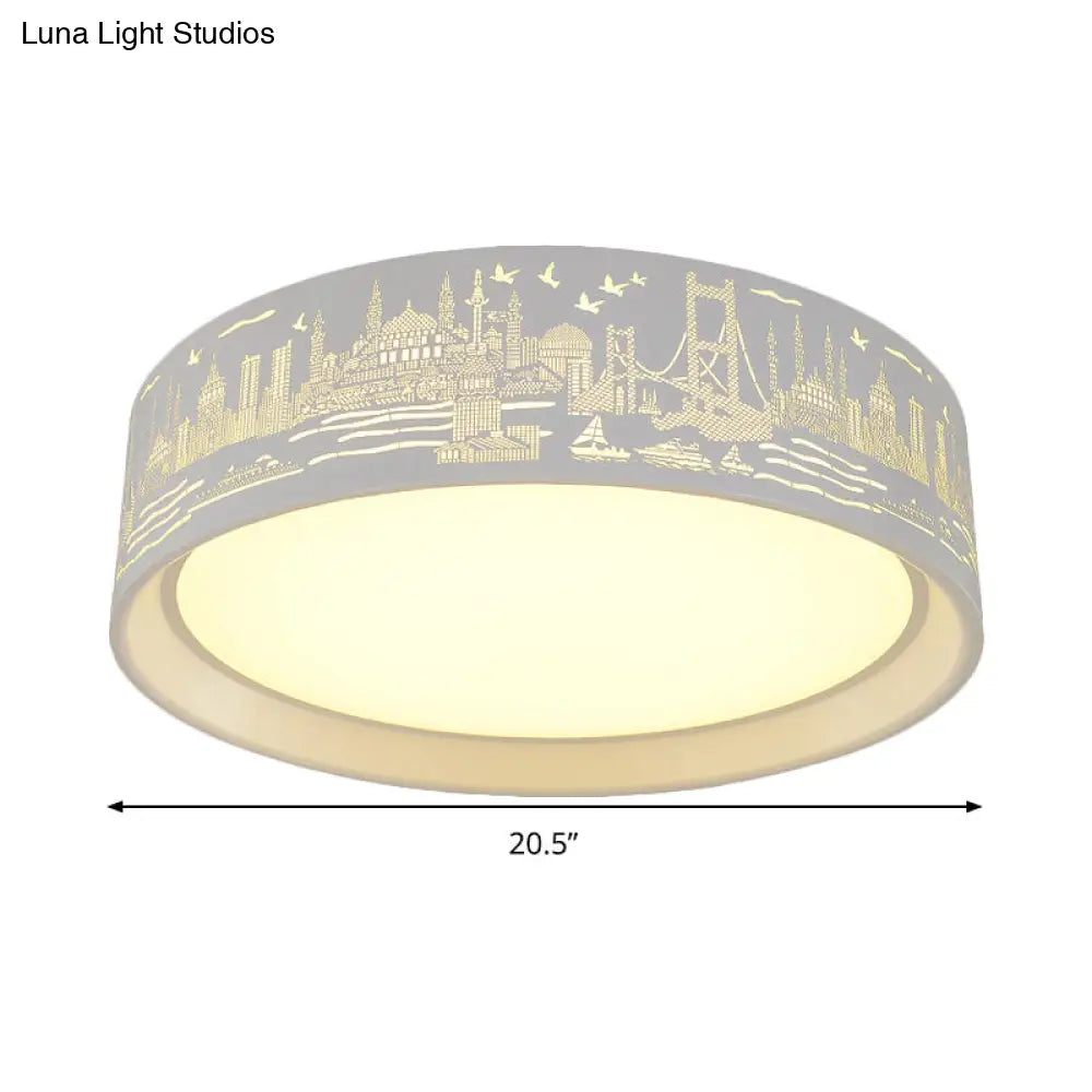 16.5/20.5 Modern White Carved Metal Drum Flush Lamp With Metropolis Scene - Led Ceiling Light