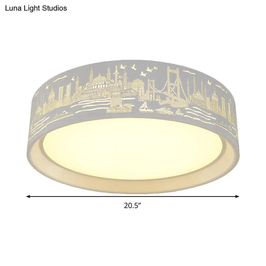 16.5/20.5 Modern White Carved Metal Drum Flush Lamp With Metropolis Scene - Led Ceiling Light