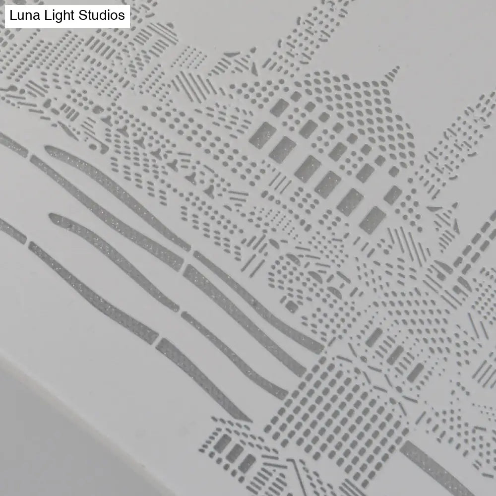 16.5/20.5 Modern White Carved Metal Drum Flush Lamp With Metropolis Scene - Led Ceiling Light