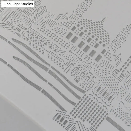 16.5/20.5 Modern White Carved Metal Drum Flush Lamp With Metropolis Scene - Led Ceiling Light