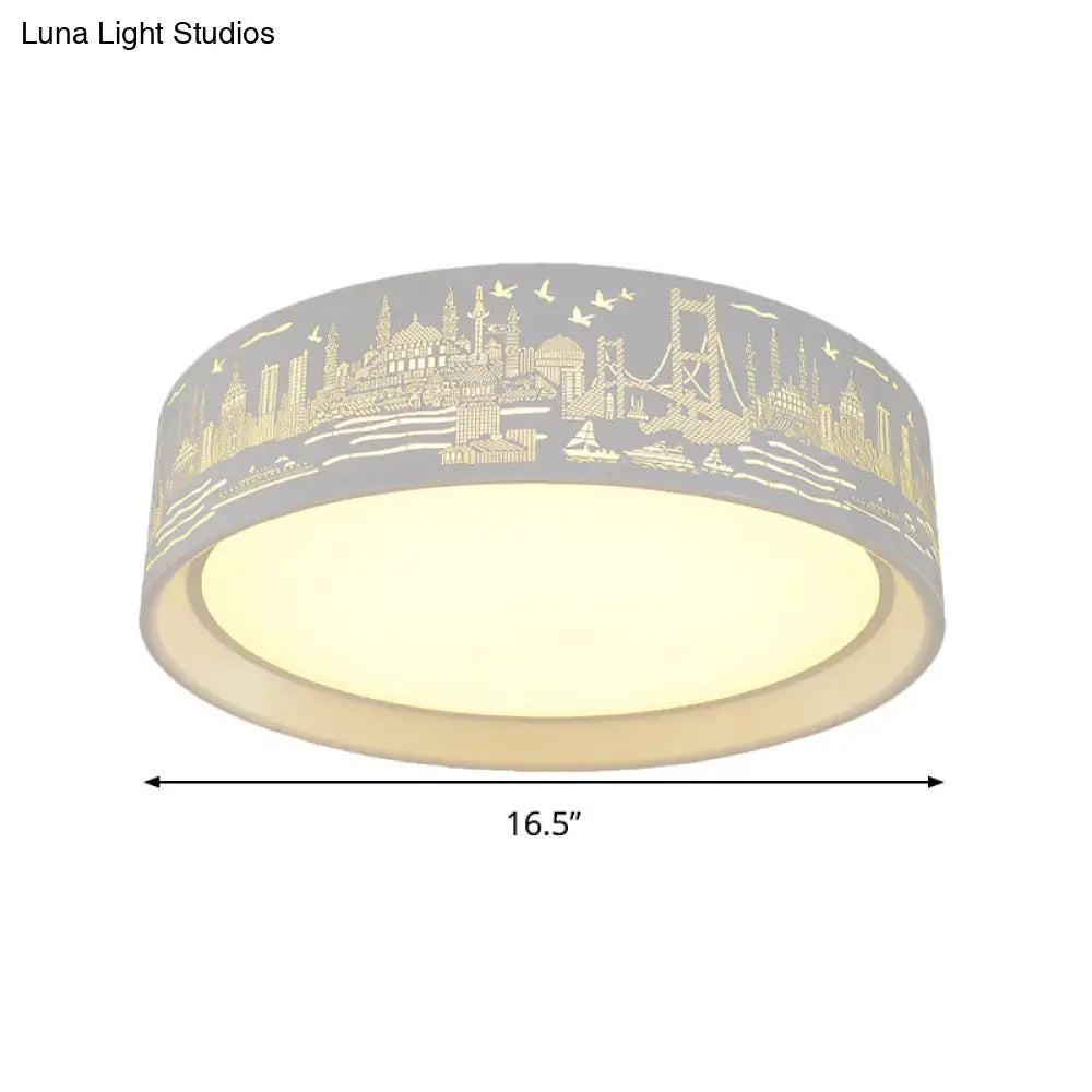 16.5/20.5 Modern White Carved Metal Drum Flush Lamp With Metropolis Scene - Led Ceiling Light