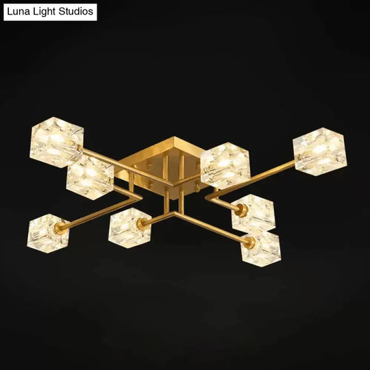 Postmodern Ice Cube Crystal Brass Flush Mounted Light With Multiple Heads - 12/16