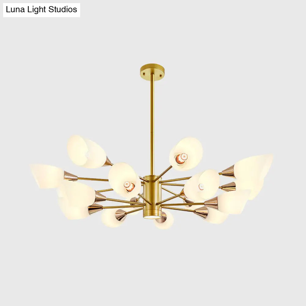 16-Bulb Post Modern Chandelier With Frosted Glass Shade And Gold Floral Design - Hanging Ceiling