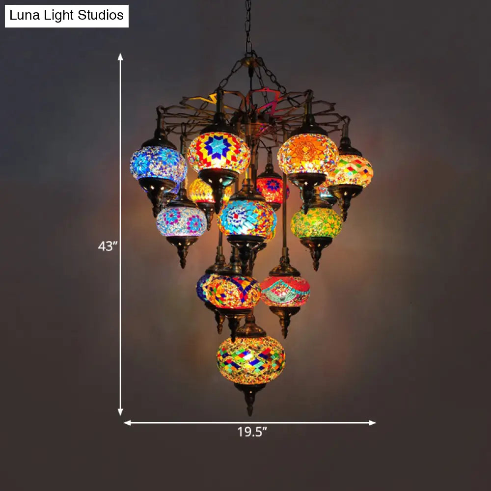 16 Heads Yellow Sphere Shaped Pendant Chandelier Vintage Stained Glass Living Room Hanging Light
