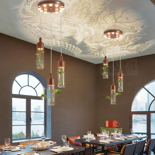 Antique Wine Bottle Cluster Pendant Ceiling Light - Metal Led With Multiple Bulbs Brown Finish