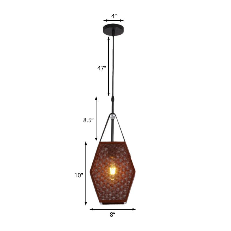 Vintage Metal Hanging Ceiling Lamp In Brown - Head Pendant Lighting With Pentagon Mesh Screen