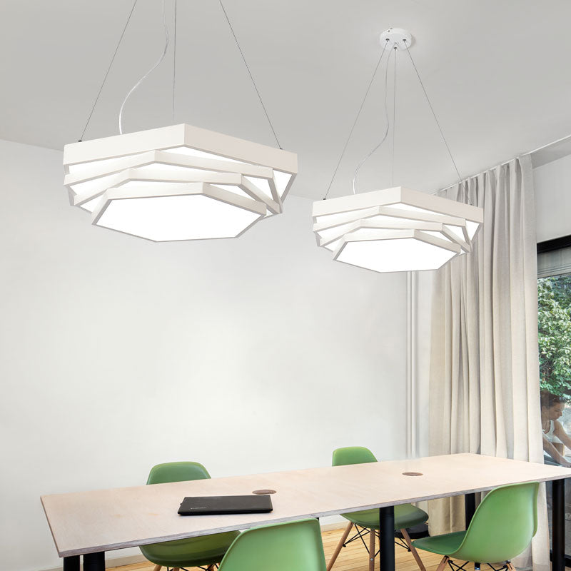 Contemporary Hexagonal Metal Pendant Light - Led Dining Room Hanging Lamp In Black/White With