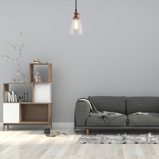 Industrial 1 Bulb Hanging Pendant Lamp With Clear Glass Bell Shade And Bronze/Brass/Copper Top For