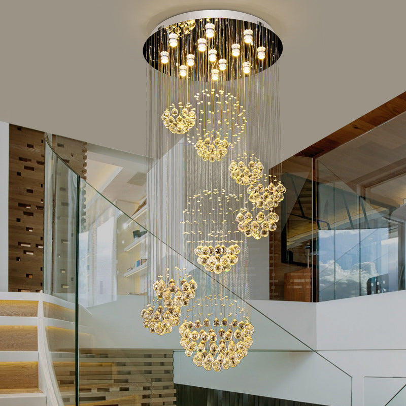 Modern Led Crystal Gold Cluster Pendant Light - Spiral Design With 13 Heads And Round Canopy