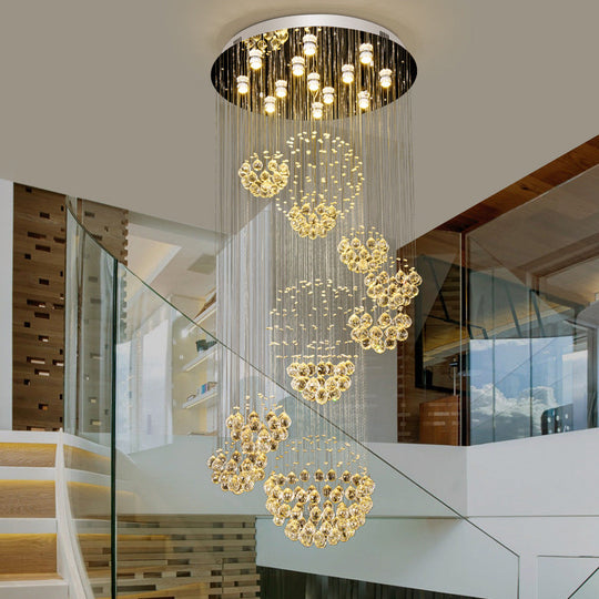 Modern Led Crystal Gold Cluster Pendant Light - Spiral Design With 13 Heads And Round Canopy
