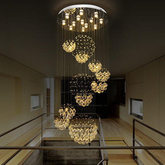 Modern Led Crystal Gold Cluster Pendant Light - Spiral Design With 13 Heads And Round Canopy