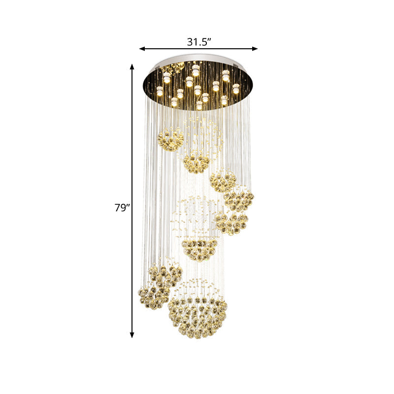 Modern Led Crystal Gold Cluster Pendant Light - Spiral Design With 13 Heads And Round Canopy