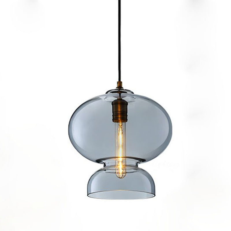 Curved Ceiling Pendant Light - Blue/Cognac Glass 1 Bulb 10’/11’ Wide Ideal For Restaurants