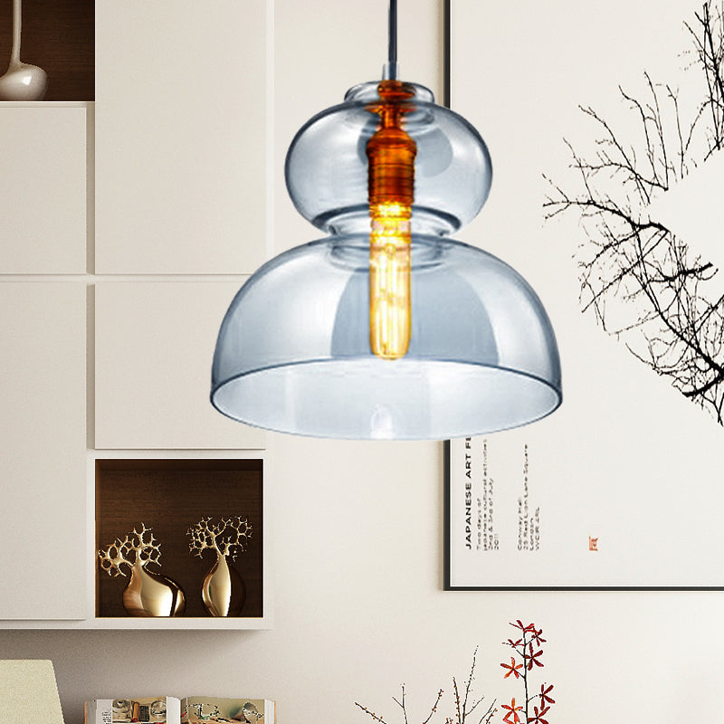 Curved Ceiling Pendant Light - Blue/Cognac Glass 1 Bulb 10’/11’ Wide Ideal For Restaurants