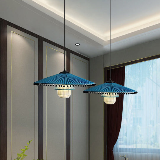 Stylish Blue Flare Pendant Lamp - Modern 1-Head Ceiling Light With Bead Droplet