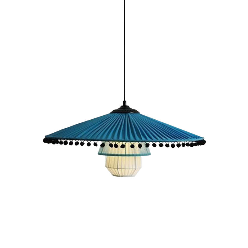 Stylish Blue Pendant Lamp With Bead Droplet – Modern Flare Gathered Fabric 1 Head