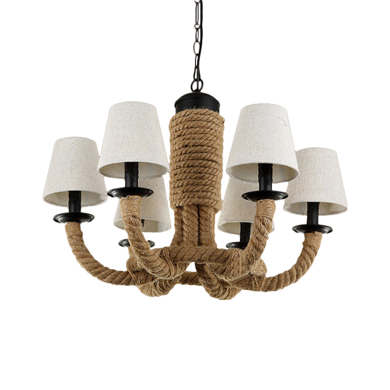 Tapered Fabric Chandelier Light - 6 Lights Countryside Design Living Room Pendant Lamp With Beige