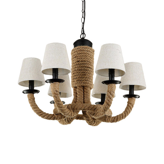 Tapered Fabric Chandelier Light - 6 Lights Countryside Design Living Room Pendant Lamp With Beige
