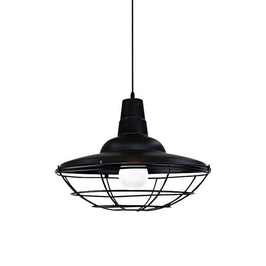 Industrial Black Metal Saucer Pendant Light For Restaurants - 1 Head With Cage Shade Ceiling Fixture