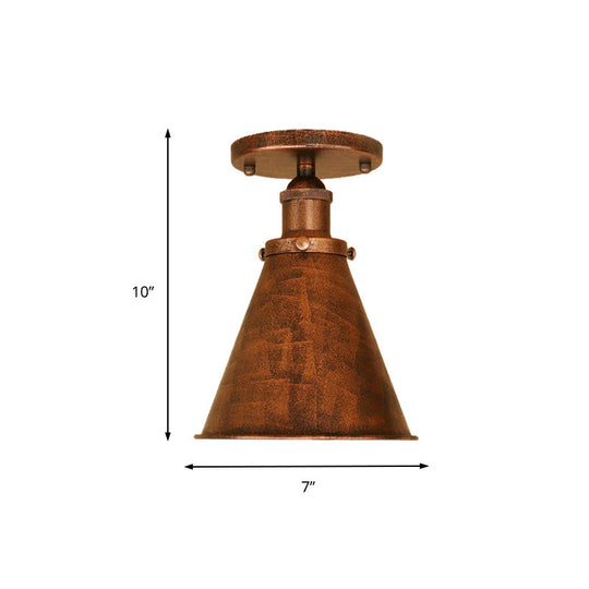 Metallic Vintage Style Rust/Copper Semi Flush Light Fixture - 1 Tapered Indoor Design