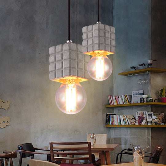 Cement Square Pendant Light With Vintage Bare Bulb - 1-Light Ceiling Lamp For Restaurants In Grey