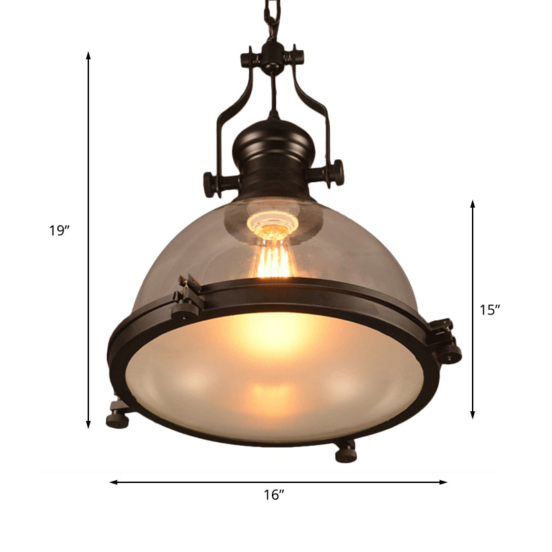Industrial 1-Light Dome Pendant Ceiling Light Fixture With Clear Glass And Trim Ring - Black