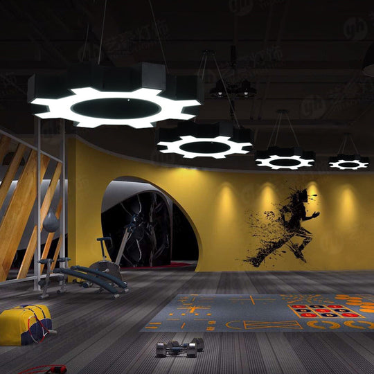 Contemporary Metal Led Pendant Lamp For Gym - Wide Gear Shape White/Black White/Warm Light