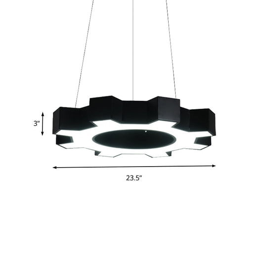 Contemporary Metal Led Pendant Lamp For Gym - Wide Gear Shape White/Black White/Warm Light