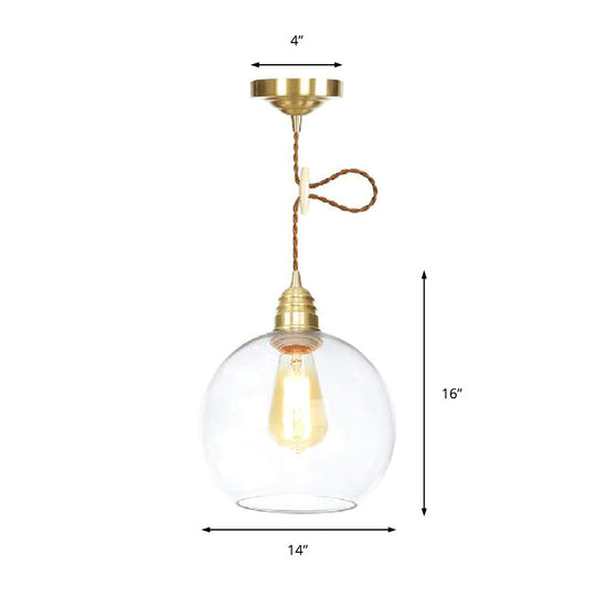 Industrial Globe Pendant Lighting - 1 Light Clear Glass Hanging Lamp In Brass 8’/10’/12’ Wide