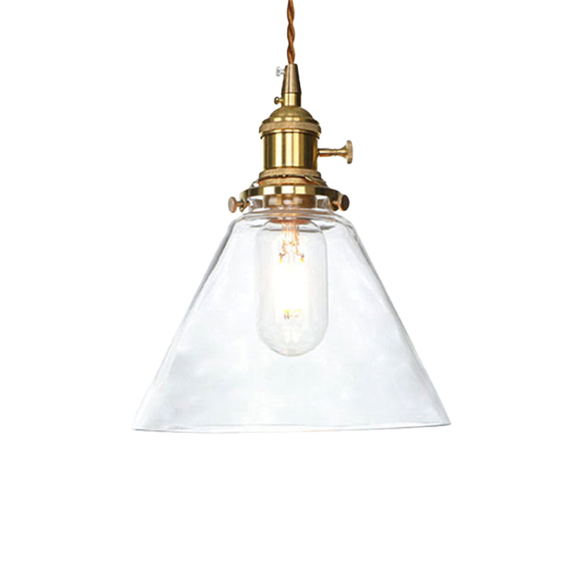 Farmhouse Brass Pendant Ceiling Light Fixture - Clear/Amber Glass Cone 1-Light For Living Room
