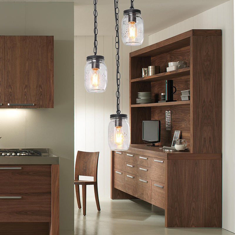 Industrial Black Jar Pendant Light Fixture With Clear Glass Shades - 3-Light Dining Room Hanging