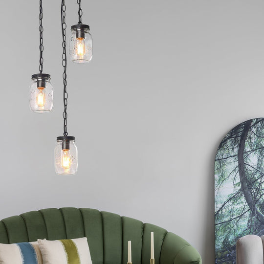 Industrial Black Jar Pendant Light Fixture With Clear Glass Shades - 3-Light Dining Room Hanging