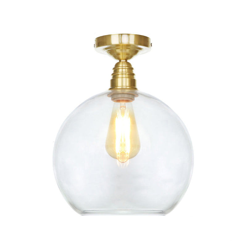 Spherical Brass Industrial Semi Flush Light: Clear/Amber Glass Ceiling Mount 8/10/12 Wide