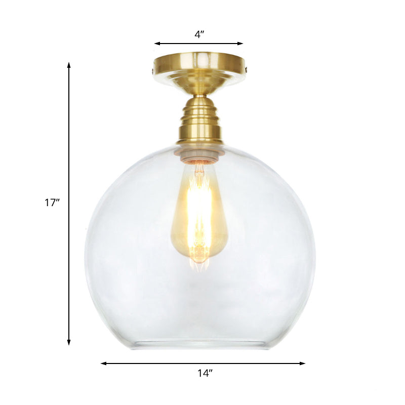 Spherical Brass Industrial Semi Flush Light: Clear/Amber Glass Ceiling Mount 8’/10’/12’ Wide