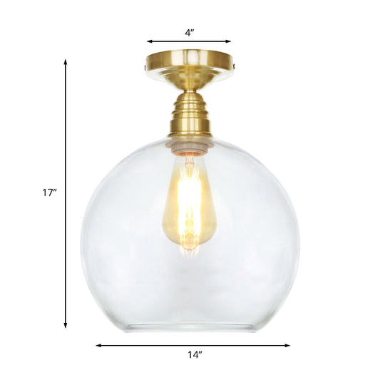 Spherical Brass Industrial Semi Flush Light: Clear/Amber Glass Ceiling Mount 8’/10’/12’ Wide