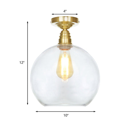 Spherical Brass Industrial Semi Flush Light: Clear/Amber Glass Ceiling Mount 8/10/12 Wide